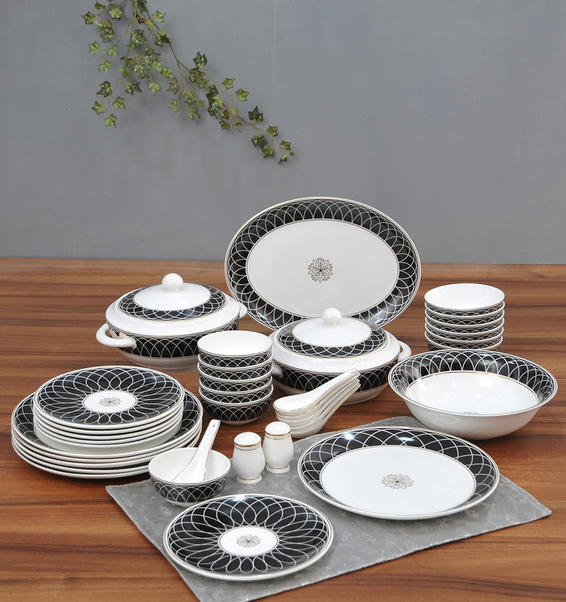 Clay Craft Fine Ceramic Gold Line Premium Classy Dinner Set of 40 - (Black), for Family of 6, Dinner Set Ceramic, Crockery Set, Dining Set for Dinner, Crockery Set for Gift, Dinner Set 40 Pieces