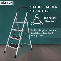 Plantex Alloy Steel 4 Step Ladder For Home/Foldable Strong Wide Step Ladder/Anti- Skid 4 Step Ladder - (White & Black)