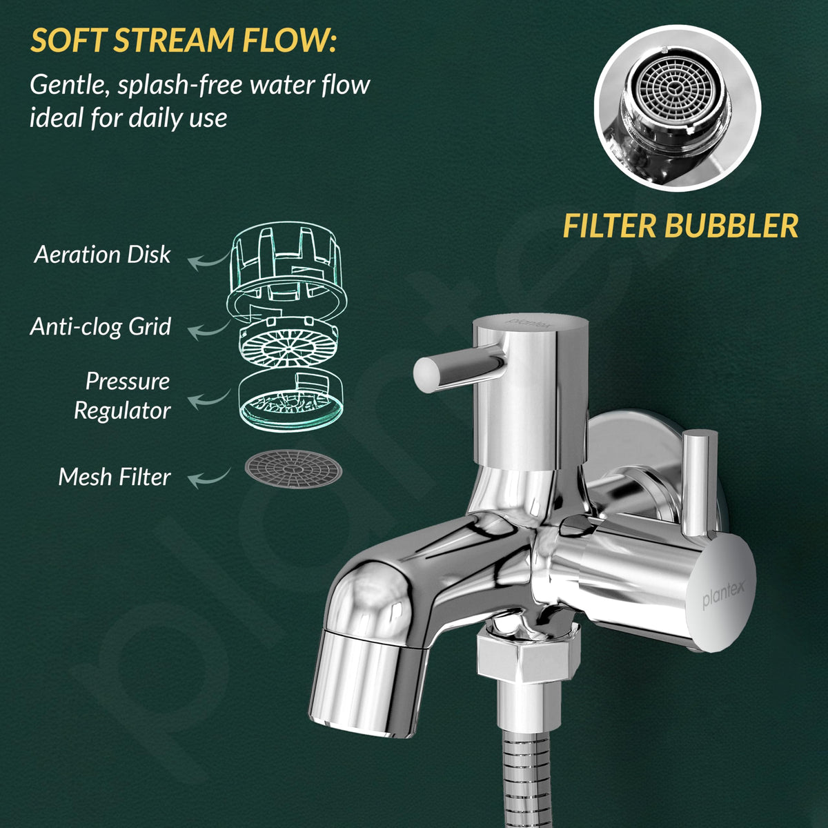 Plantex 2 in 1 Bib Tap with Brass Spincle and Wall Flange/Tap for Bathroom/Two Way Tap - (MKS-1275-Chrome)-6