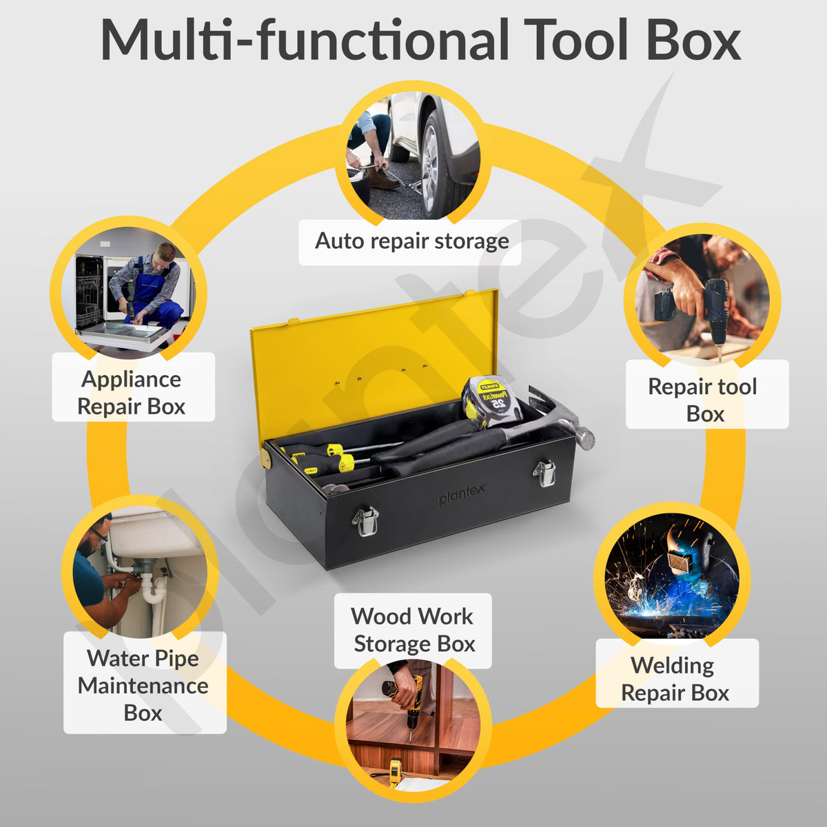 Plantex 16-inch Metal Tool Box/Tool Box for Home/Storage Box With Clear Top Lid & Removable Tray Compartment For Easy & Convenient Storage/Multi-Purpose Compact Tools Box (Yellow & Black)-4