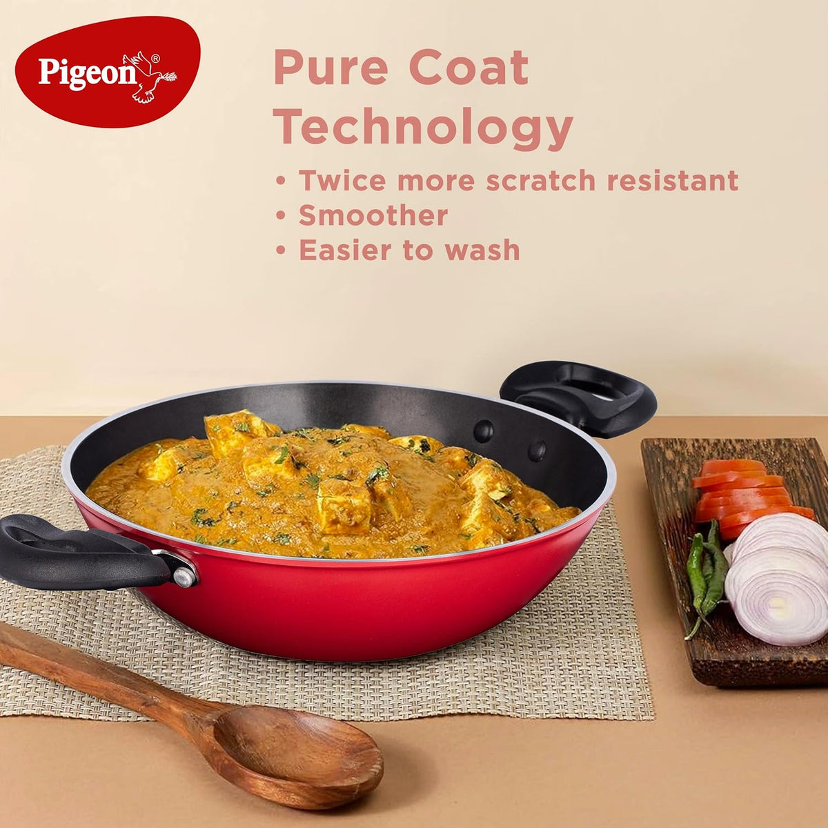 Pigeon by Stovekraft Basics Aluminium Non Stick, Non Induction Base Kadai with Glass Lid, 24CM/2.2 Liters, Red