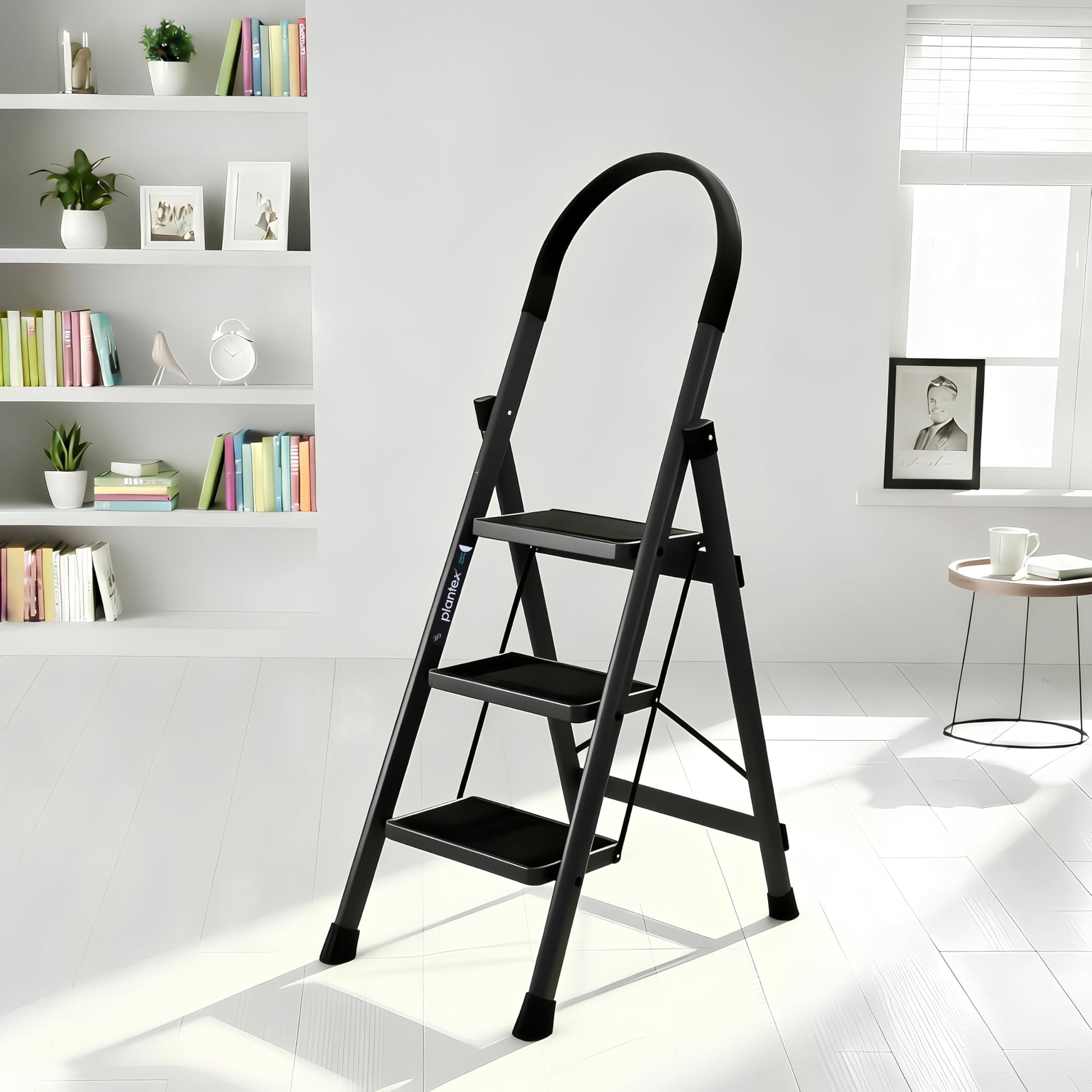 Plantex Ladder for Home 4 Steps/Foldable Ladder with Anti-Skid Wide Steps (30L x 20W cm)/Strong D-Shape Pipe with X-Support for More Stability/5 Year Warranty(Apex-Black)