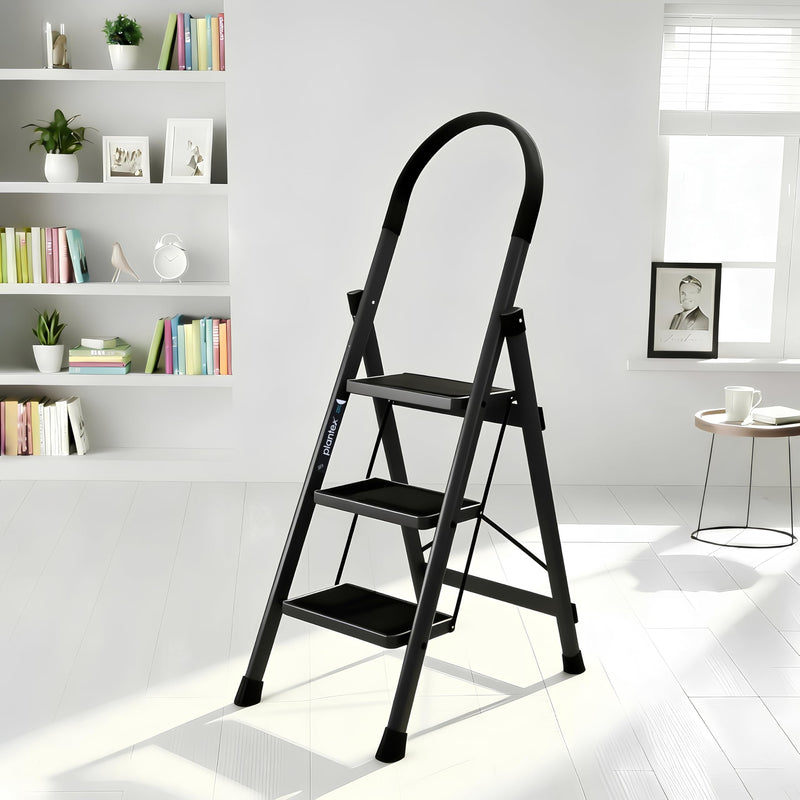 Plantex Ladder for Home 4 Steps/Foldable Ladder with Anti-Skid Wide Steps (30L x 20W cm)/Strong D-Shape Pipe with X-Support for More Stability/5 Year Warranty(Apex-Black)