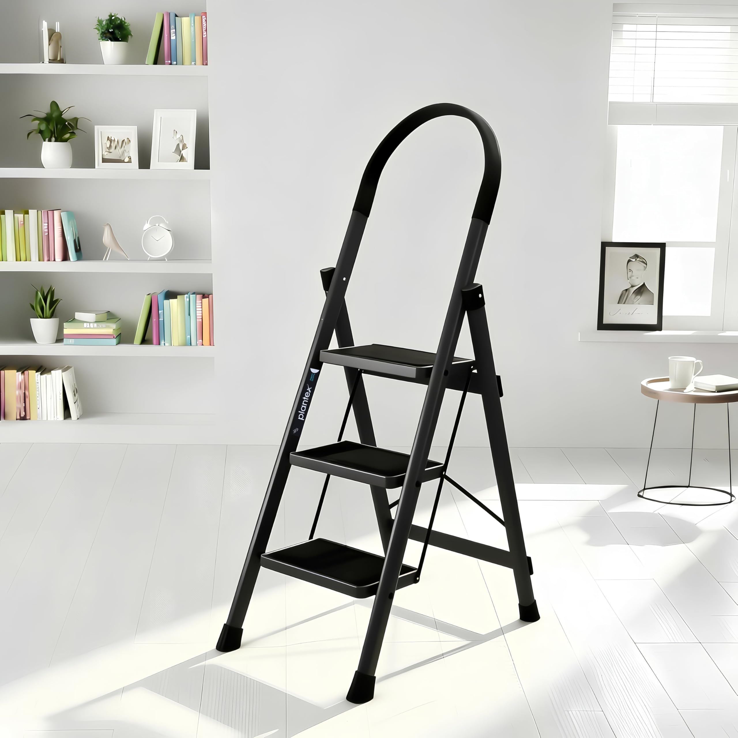 Plantex Ladder for Home 5 Steps/Foldable Ladder with Anti-Skid Wide Steps (30L x 20W cm)/Strong D-Shape Pipe with X-Support for More Stability/5 Year Warranty(Apex-White)