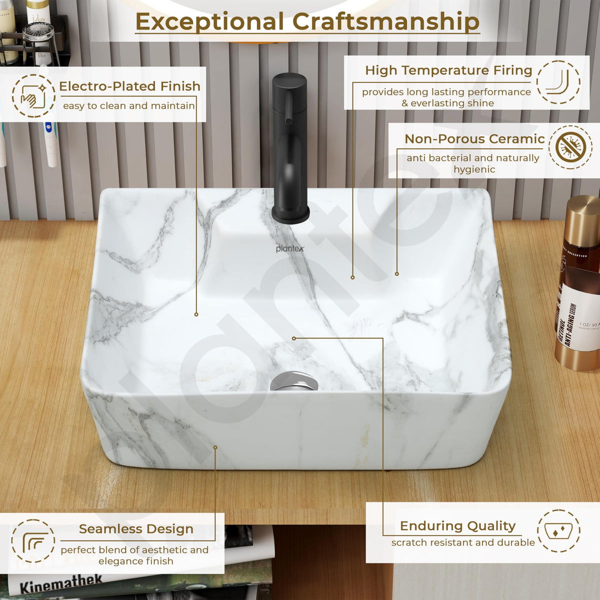 Plantex Ceramic Wash Basin for Bathroom/Rectangle Wall Mount Basin/Bathroom Sink/Washbasin for Restaurant/Hotel (Marble Finish - 16 x 12 x 5 Inch)-4