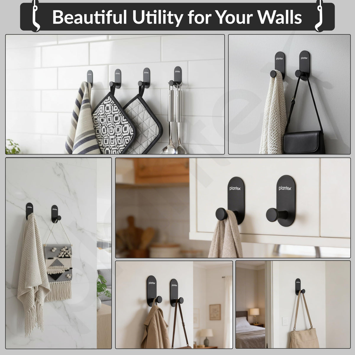 Plantex Wall Hanging Hook/Bath Towel Hook/Self Adhesive Oval Robe Hooks for Kitchen/Bathroom/Stylish Home Decor Items - Pack of 6 (Black)-6