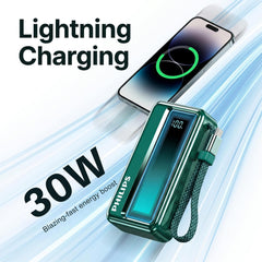 Philips 10000mAh 30W Max Fast Charging Power Bank (Chrystal Teal) with Built-in Cable