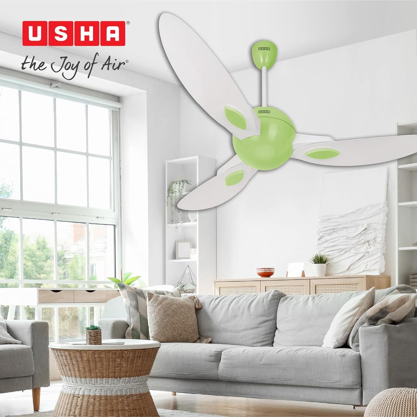USHA New Bloom Series Plumeria (Inspired by Plumeria) BLDC Ceiling Fan with Bi-Directional Feature | Sleep/Boost/Timer Modes | RF Remote | Whisper-Quiet | Dust-Resistant (white & Light Green)