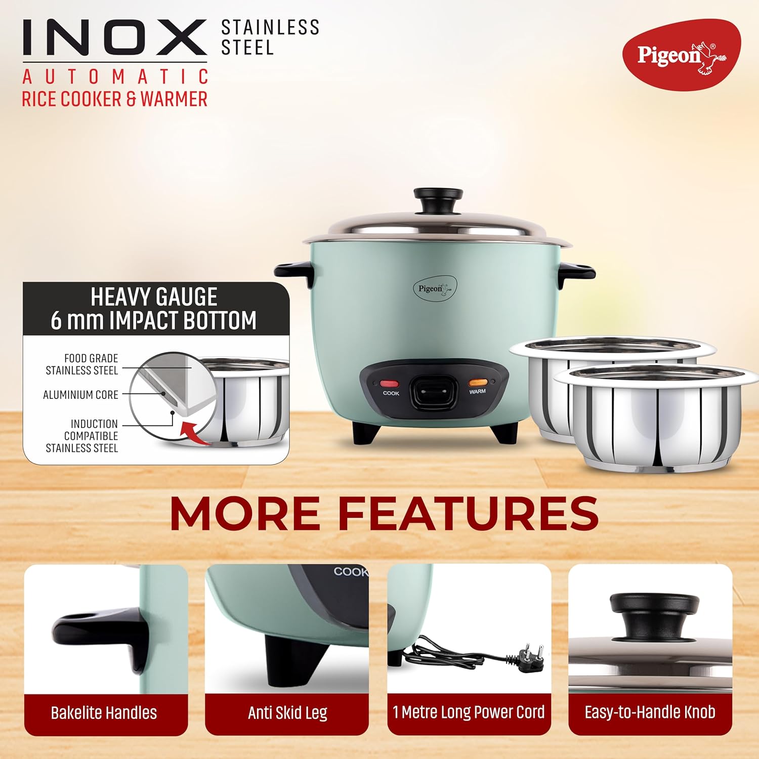 Pigeon Inox Rice Cooker with Double pot, 1.8 litres | Stainless Steel Lid | 700 Watts | 2 Steel Cooking Pot | Measuring Cup | Spatula | Energy Efficient Cooking