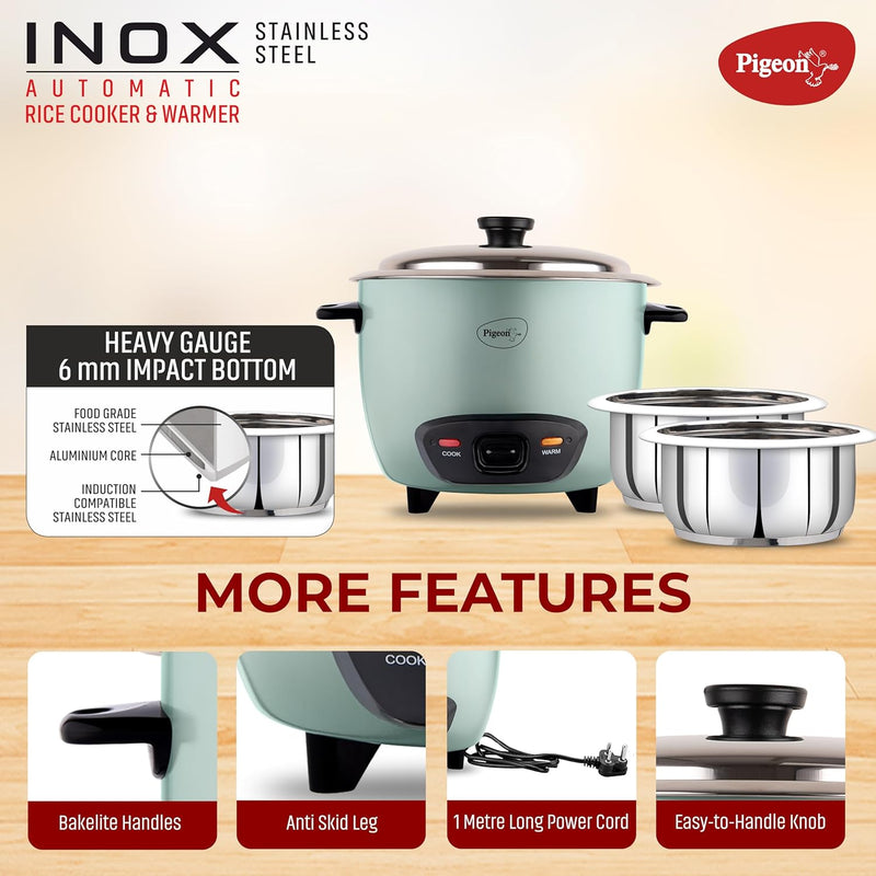 Pigeon Inox Rice Cooker with Double pot, 1.8 litres | Stainless Steel Lid | 700 Watts | 2 Steel Cooking Pot | Measuring Cup | Spatula | Energy Efficient Cooking