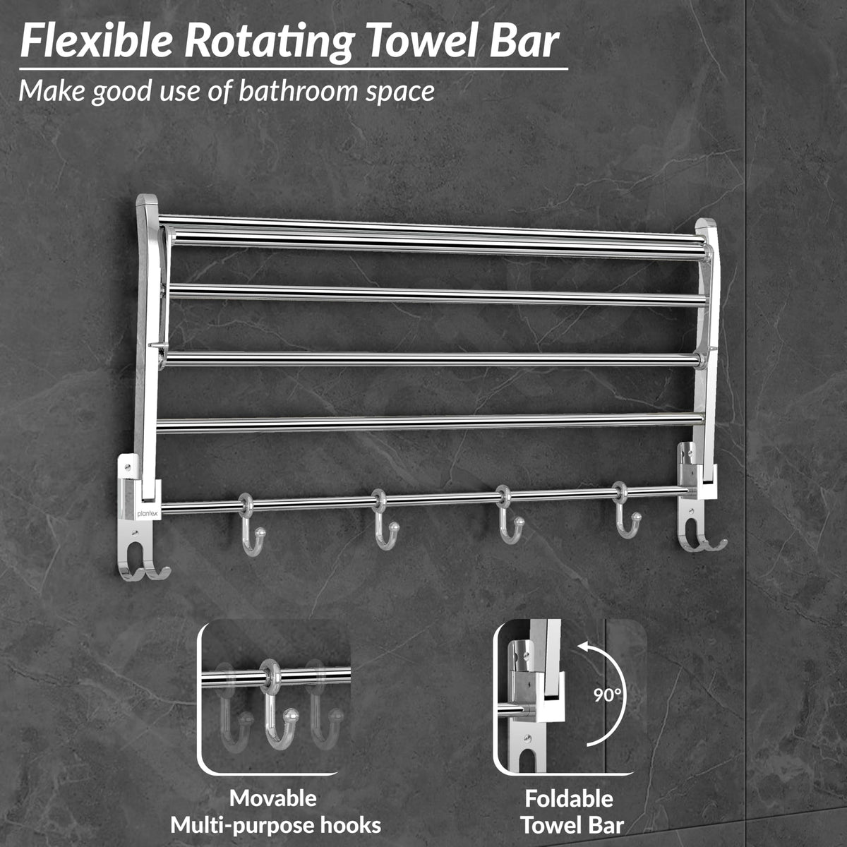 Plantex Eco Stainless Steel Folding Towel Rack/Towel Hanger for Bathroom/Wall Mounted Towel Rack/Bathroom Accessories Set(24-inch) Chrome-5