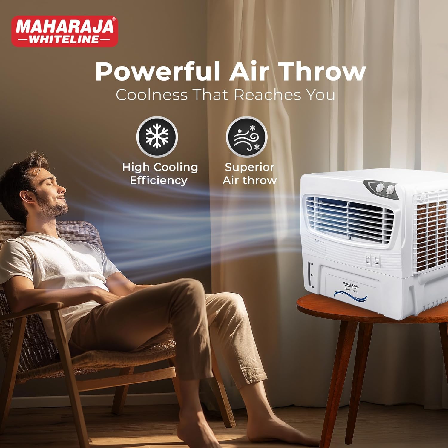 Maharaja Whiteline Arrow Deluxe Personal Air Cooler | 50 Litre Water Tank | High Delivery Rate of 2500CMH | Air Flow of 10.67 Meters | Air Cooler | 715x595x615 mm | White and Grey | 2 Yr Warranty
