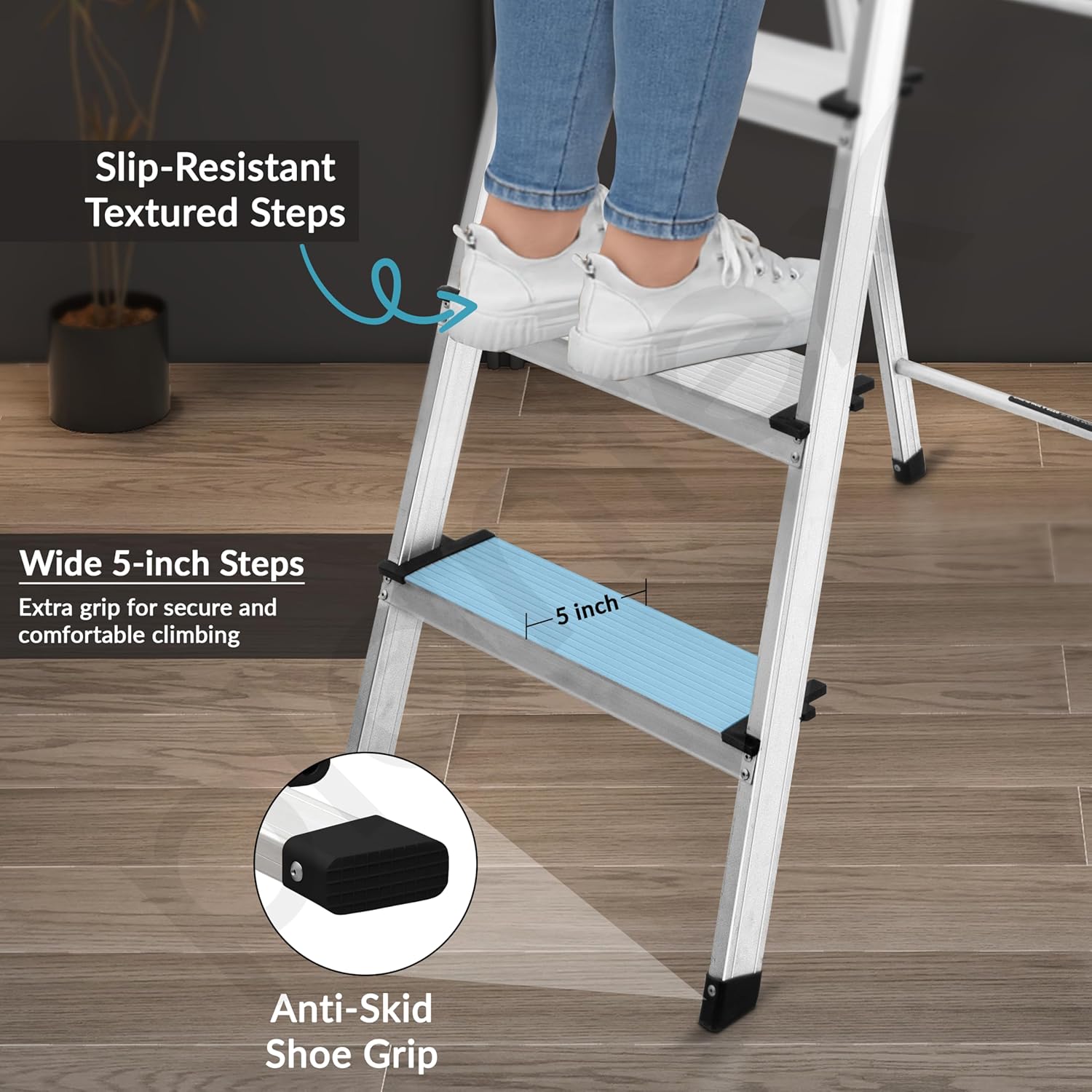 Plantex Big Foot 4 Step Ladder for Home/Fully Aluminium Folding Ladder/Wide Anti-Skid Steps (Black-Silver)