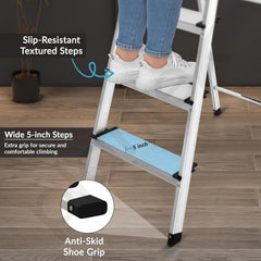Plantex Big Foot 4 Step Ladder for Home/Fully Aluminium Folding Ladder/Wide Anti-Skid Steps (Black-Silver)