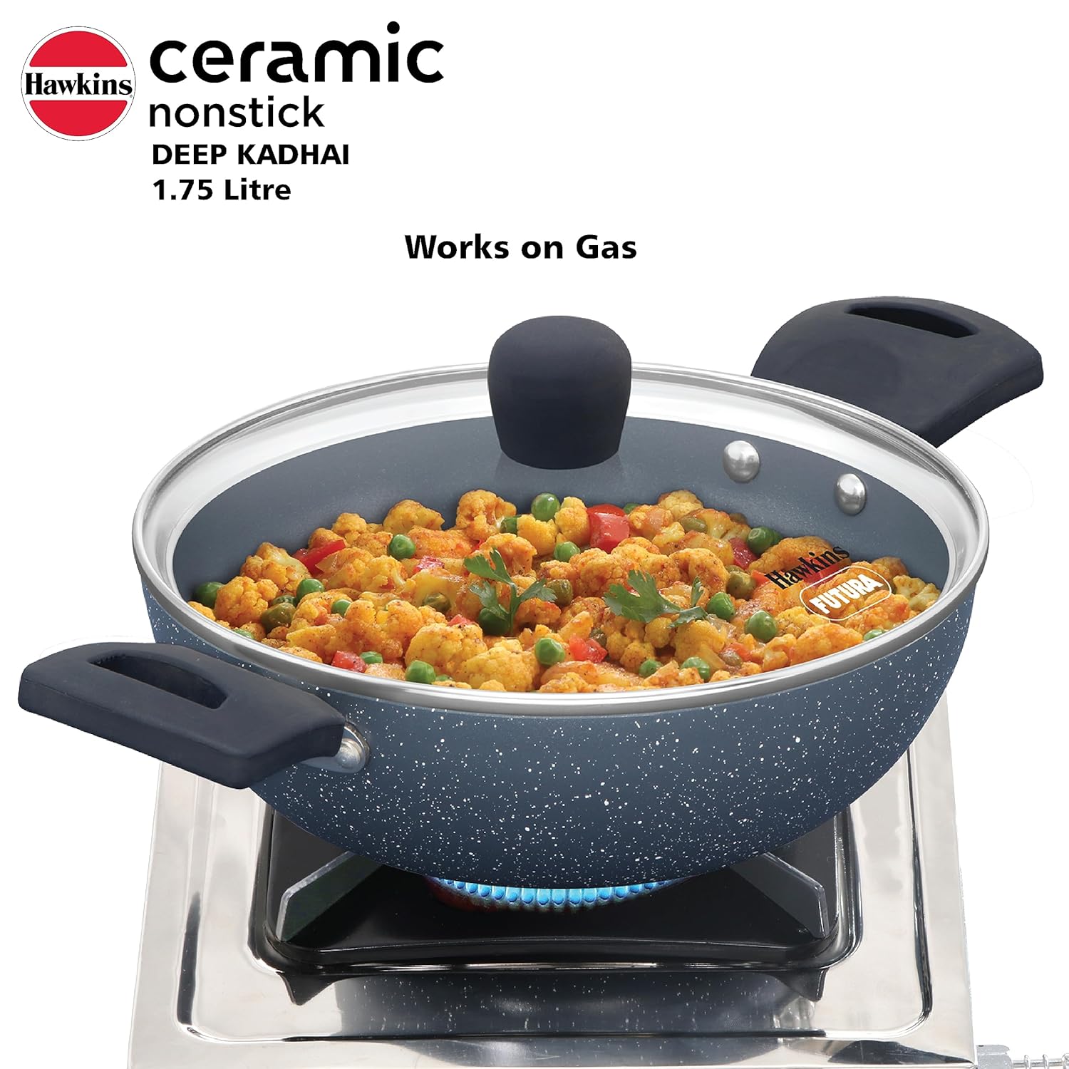 Hawkins Ceramic Nonstick 1.75 Litre Deep Kadhai, Induction Deep Fry Pan with Glass Lid, Granite Kadai (ICK175G)