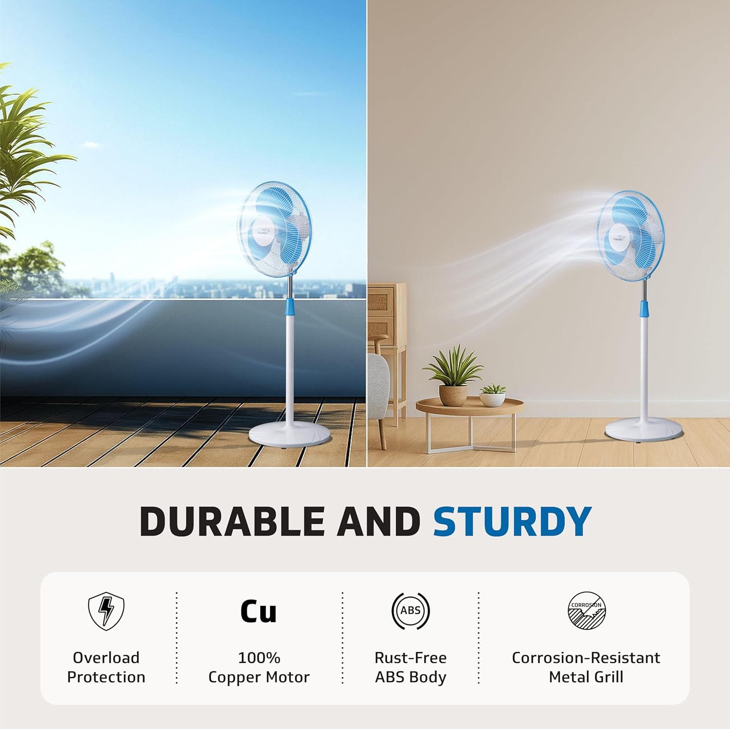 V-Guard Esfera STS Neo Pedestal Fan | 1330 RPM Motor | Customisable Tilt And Oscillation Control | White Blue | 40 cm (400mm)