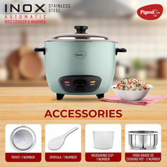 Pigeon Inox Rice Cooker with Double pot, 1.8 litres | Stainless Steel Lid | 700 Watts | 2 Steel Cooking Pot | Measuring Cup | Spatula | Energy Efficient Cooking