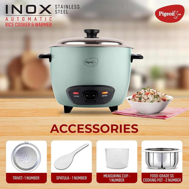 Pigeon Inox Rice Cooker with Double pot, 1.8 litres | Stainless Steel Lid | 700 Watts | 2 Steel Cooking Pot | Measuring Cup | Spatula | Energy Efficient Cooking
