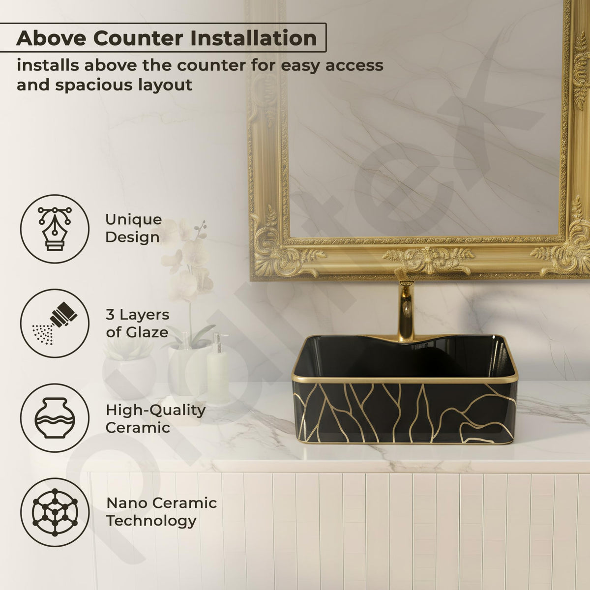 Plantex Ceramic Designer Washbasin for Bathroom/Countertop Wash Basin/Rectangle Tabletop Hand Wash Basin for Restaurant/Hotel (19x15x5 Inch - Black & Gold)-2