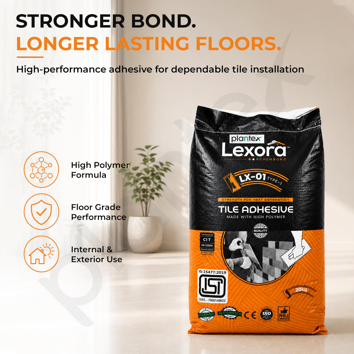 Plantex Lexora Tile Adhesive for Terracotta/Ceramic & Quarry Tiles/Polymer Modified Cement Adhesive for Floor & Wall Tiles Fixing/ Kitchen & Bathroom‚ Use - 20kg (LX-01, Grey)-6