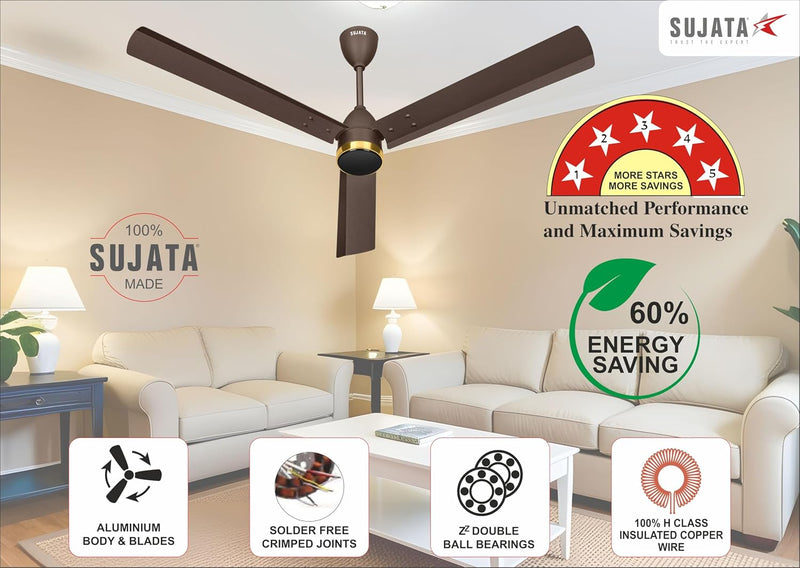 Sujata Slim Air BLDC 1200 mm Ceiling Fan with Remote | 5 Star - Tera Brown Gold