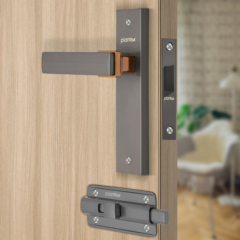 Plantex Heavy Duty Door Lock “ Bathroom Door Lock/Mortise 8inch Keyless Plate Handle Set for Home/Bathroom/Store Room/Balcony/Office with Baby Latch (8116, Satin Black & PVD Choco)-1