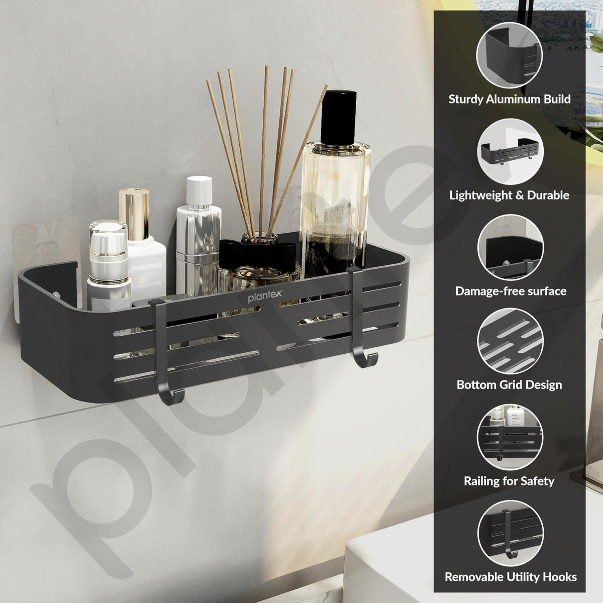Plantex Bathroom Organizer Without Drill/Aluminium Wall Mounted Rack for Kitchen with Removable Hook/Self Adhesive Shelf for Bathroom- Pack of 1 (12 x 5 Inch - Matt Grey)-4
