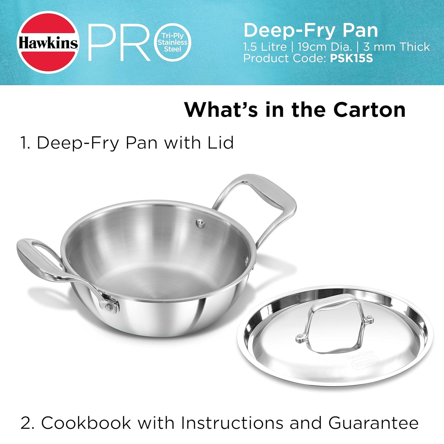 Hawkins Pro 1.5 Litre Deep-Fry Pan, Triply Stainless Steel Kadhai with Steel Handles and Steel Lid, Small Kadhai, Silver (PSK15S)