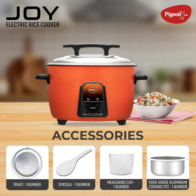 Pigeon by Stovekraft Joy Rice Cooker with Single pot, 4.2 litres. (Orange) | Stainless Steel Lid | 1600 Watts | 1 Alumin