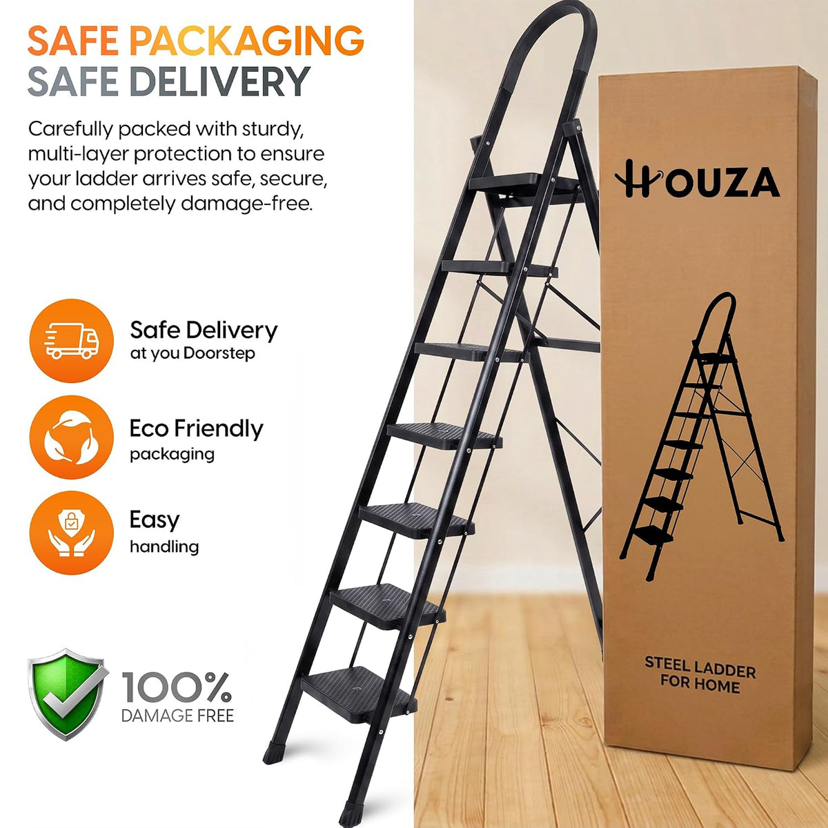 HOUZA Steel Ladder for Home 7 Steps Foldable with Anti-Skid Wide Steps (30cm x 20cm) | 7 Step Ladder for Home Use with D-Shape Rods | Secure Lock | 150 Kg Capacity Folding Ladder | 5 Year Warranty