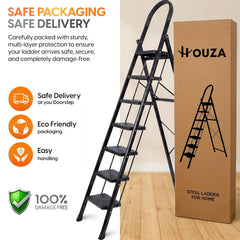 HOUZA Steel Ladder for Home 7 Steps Foldable with Anti-Skid Wide Steps (30cm x 20cm) | 7 Step Ladder for Home Use with D-Shape Rods | Secure Lock | 150 Kg Capacity Folding Ladder | 5 Year Warranty