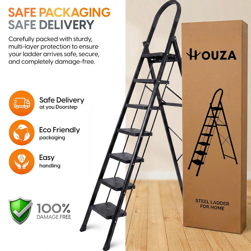 HOUZA Steel Ladder for Home 7 Steps Foldable with Anti-Skid Wide Steps (30cm x 20cm) | 7 Step Ladder for Home Use with D-Shape Rods | Secure Lock | 150 Kg Capacity Folding Ladder | 5 Year Warranty