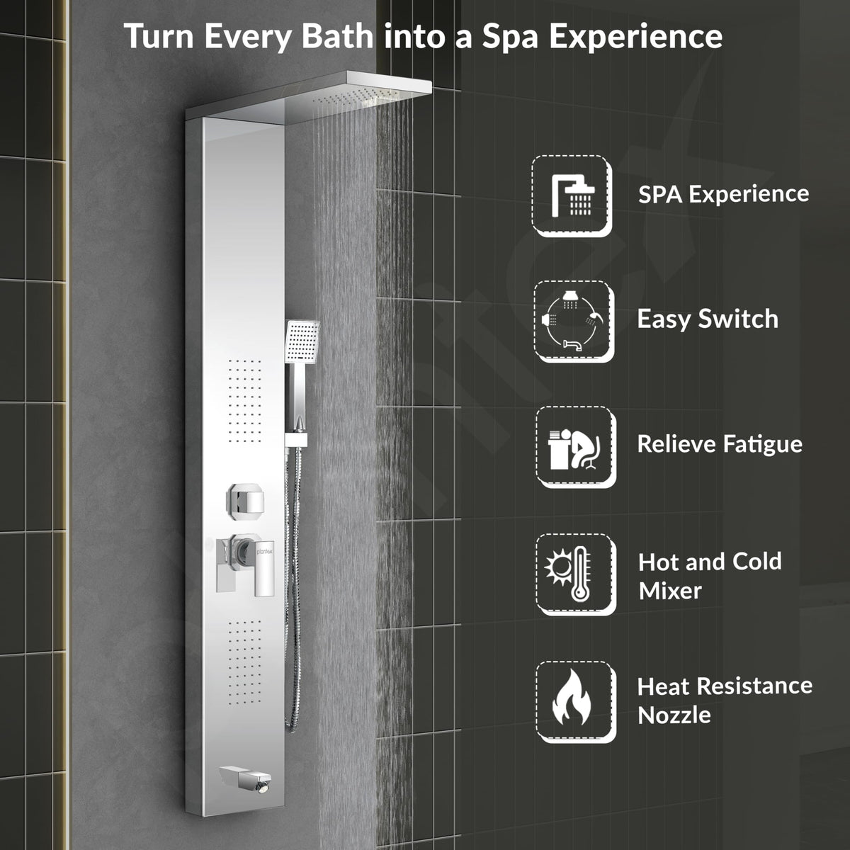 Plantex 304 Grade Stainless Steel Shower Panel for Bathroom with Showerhead/Hand Shower/Body Massage Jets/Bathroom Shower System-(KM-8111)-6