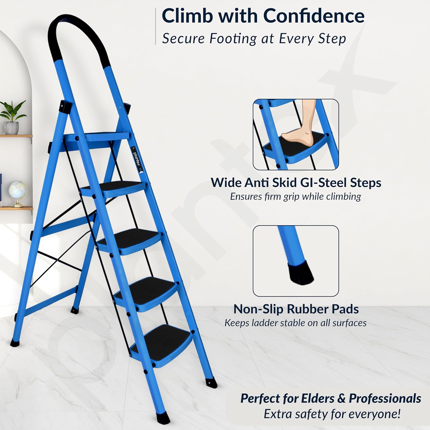 Plantex Ladder for Home - Premium Steel Foldable 5-Step Ladder - Anti Skid Strong Steps with 5 Years Manufacturer Warranty (Blue & Black)