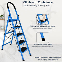 Plantex Ladder for Home - Premium Steel Foldable 5-Step Ladder - Anti Skid Strong Steps with 5 Years Manufacturer Warranty (Blue & Black)
