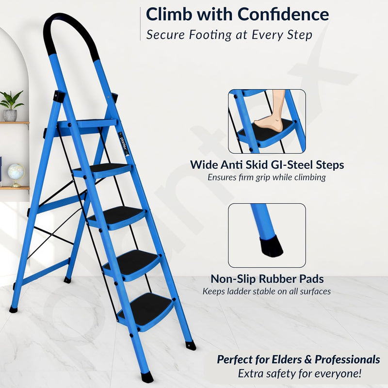 Plantex Ladder for Home - Premium Steel Foldable 5-Step Ladder - Anti Skid Strong Steps with 5 Years Manufacturer Warranty (Blue & Black)
