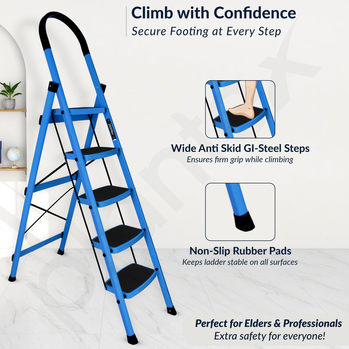 Plantex Ladder for Home - Premium Steel Foldable 5-Step Ladder - Anti Skid Strong Steps with 5 Years Manufacturer Warranty (Blue & Black)-4