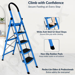 Plantex Ladder for Home - Premium Steel Foldable 5-Step Ladder - Anti Skid Strong Steps with 5 Years Manufacturer Warranty (Blue & Black)-4
