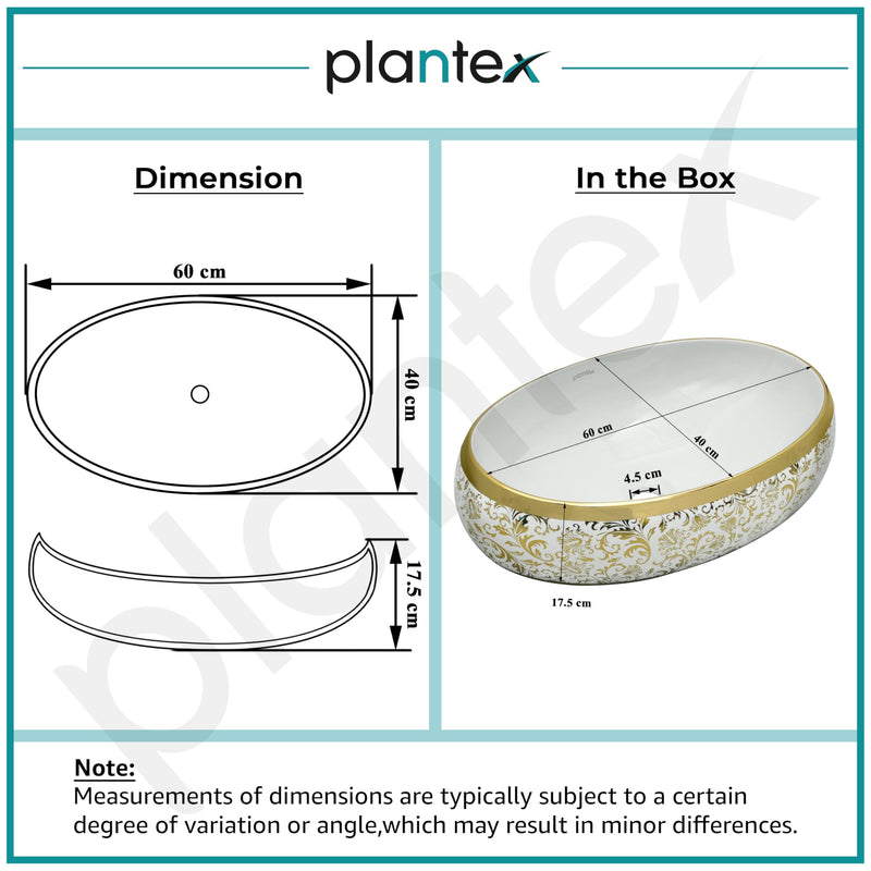 Plantex Wash Basin For Bathroom/Tabletop Designer Ceramic Basin/Countertop Vessel Sink Basin - Indo-European Collection (24 x 16 x 7 Inch)-3