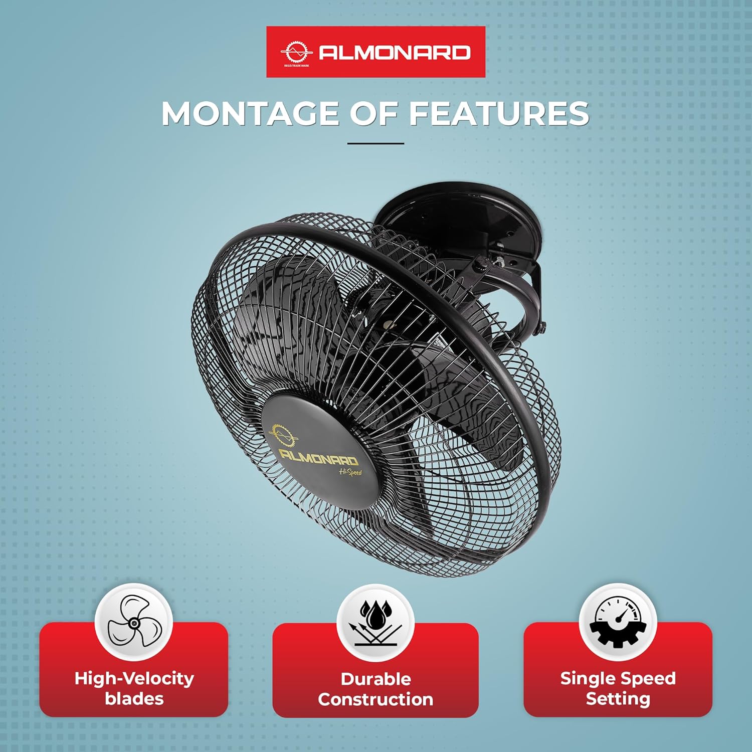 Almonard 225mm High Speed Cabin Fan, High Velocity Blades with Rust-resistant Coating, Single Speed Setting, Cabin Fan for Office, Retail Kiosks, Available in Black
