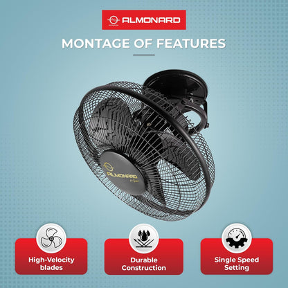 Almonard 225mm High Speed Cabin Fan, High Velocity Blades with Rust-resistant Coating, Single Speed Setting, Cabin Fan for Office, Retail Kiosks, Available in Black