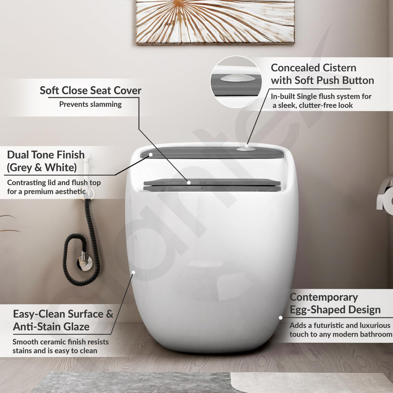 Plantex Platinum Ceramic Rimless Commode/One Piece Western Toilet/Siphonic Flush Western Commode with Soft Close Toilet Seat - S Trap Outlet (White & Grey)-2