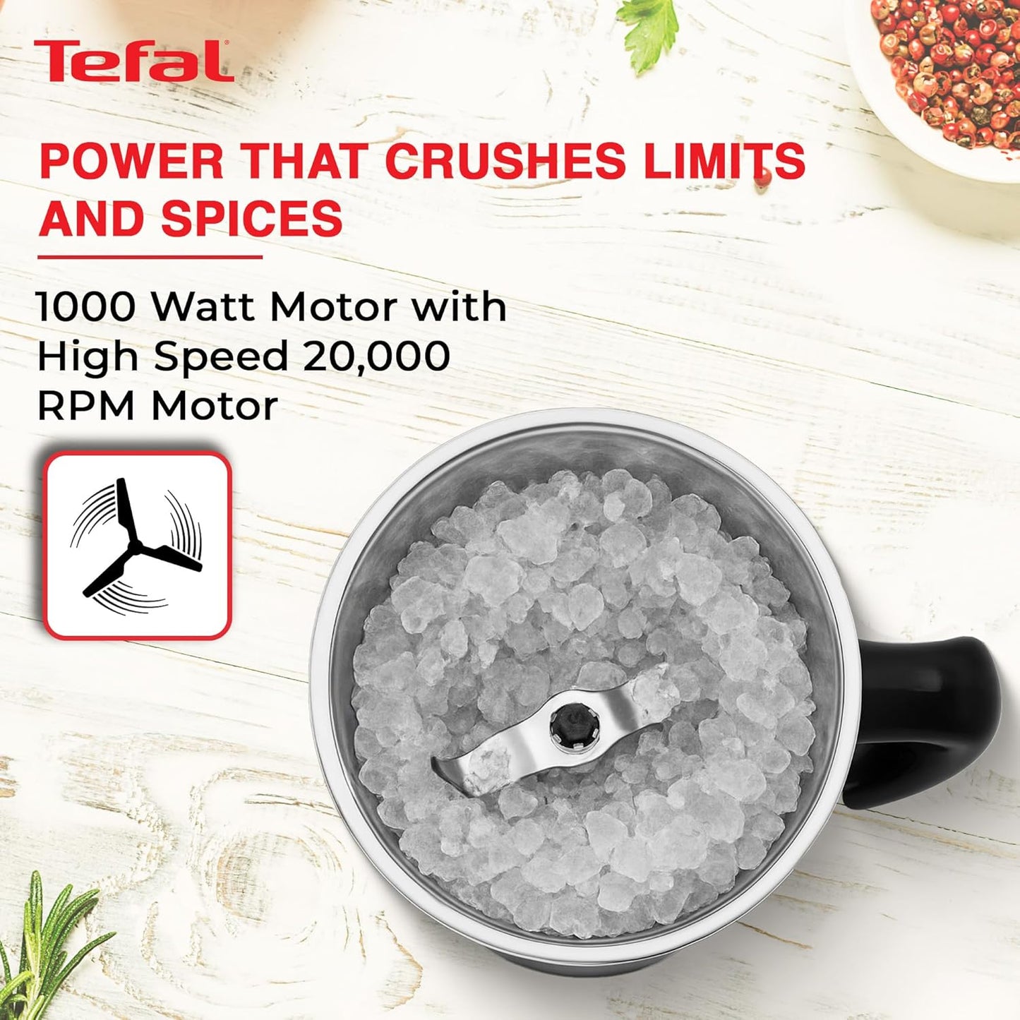 Tefal Grindmax HD 1000W Copper Motor with Durable Ball Bearing Mixer Grinder with 3 Leak-Proof Heavy Duty Jars, High-Speed 20,000 RPM Motor, Europe’s No.1 Brand, Best Mixer Grinder for Indian Cooking