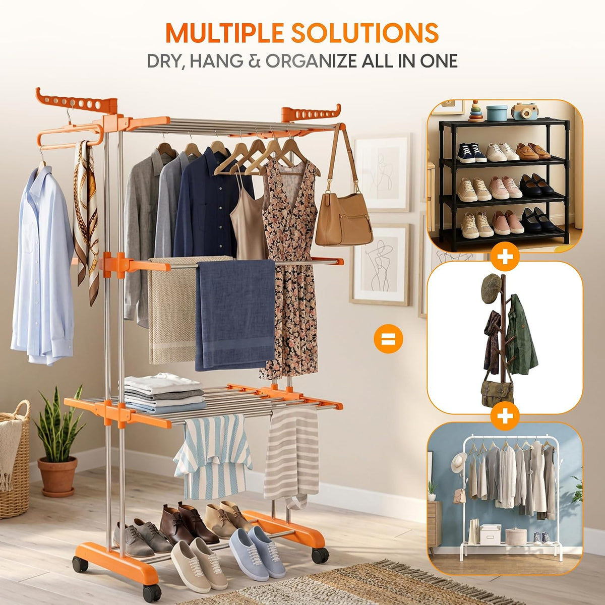 HOUZA Stainless Steel Clothes Drying Stand | 3 Layer Foldable Cloth Dryer Stand with Wheels | 6 Foldable Wings - Orange