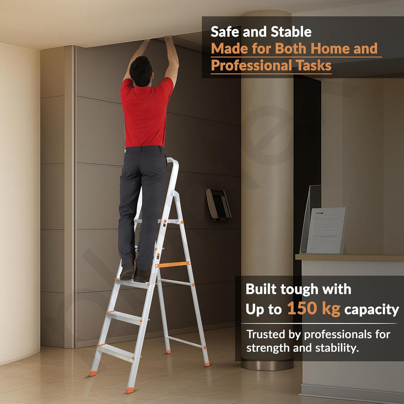 Plantex Restructured Legend Aluminium Folding 5 Step Ladder for Home - 5 Wide Step Ladder (Orange-Chrome)