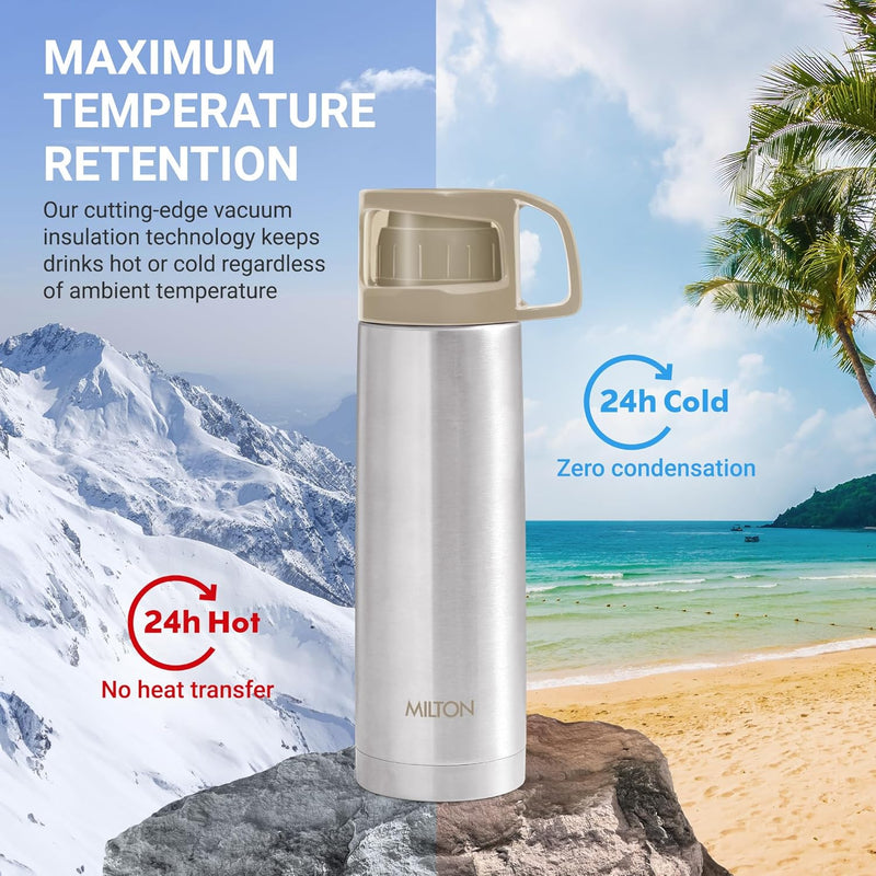 Milton Glassy 500 Thermosteel Vacuum Insulated Double Walled Flask with Drinking Cup lid & Jacket, 500 ml Water Bottles, 24 Hours Hot & Cold, Easy to Carry,Rust Proof, Tea, Coffee, Travel Bottle, Grey