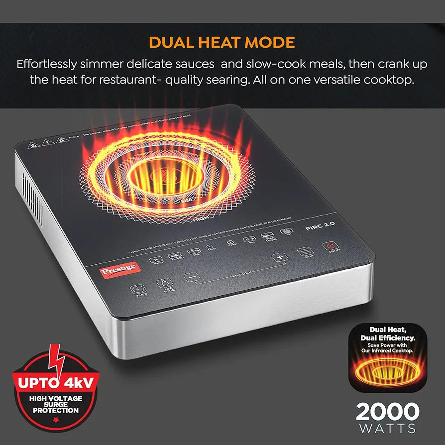 Prestige PIRC 2.0 2000 Watts Infrared Dual Heating Zone Cooktop |High Voltage Surge Protection| Dual Heat Mode| Radiant Heating Technology| Feather Touch Buttons| Stainless Steel Body| Black & Silver