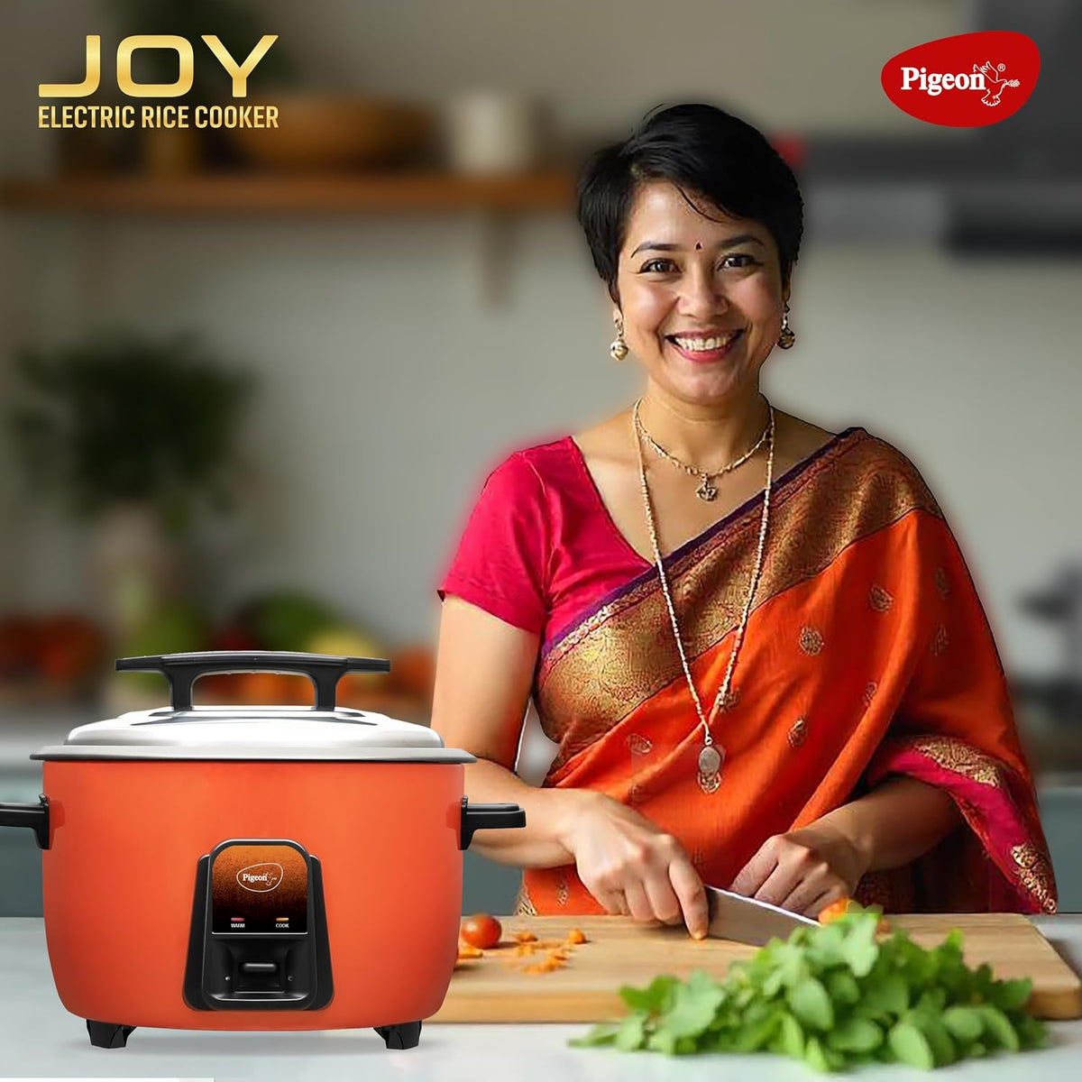 Pigeon by Stovekraft Joy Rice Cooker with Single pot, 4.2 litres. (Orange) | Stainless Steel Lid | 1600 Watts | 1 Alumin
