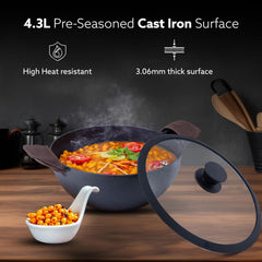 AGARO Royal Pre Seasoned Cast Iron Kadai with Glass Lid, No Chemical Coating, Rigid Iron Handle, 4.3L, Uni-Body Design, Fast Heating, Heavy Weight, Gas & Induction Oven Compatible, Cooking, Black