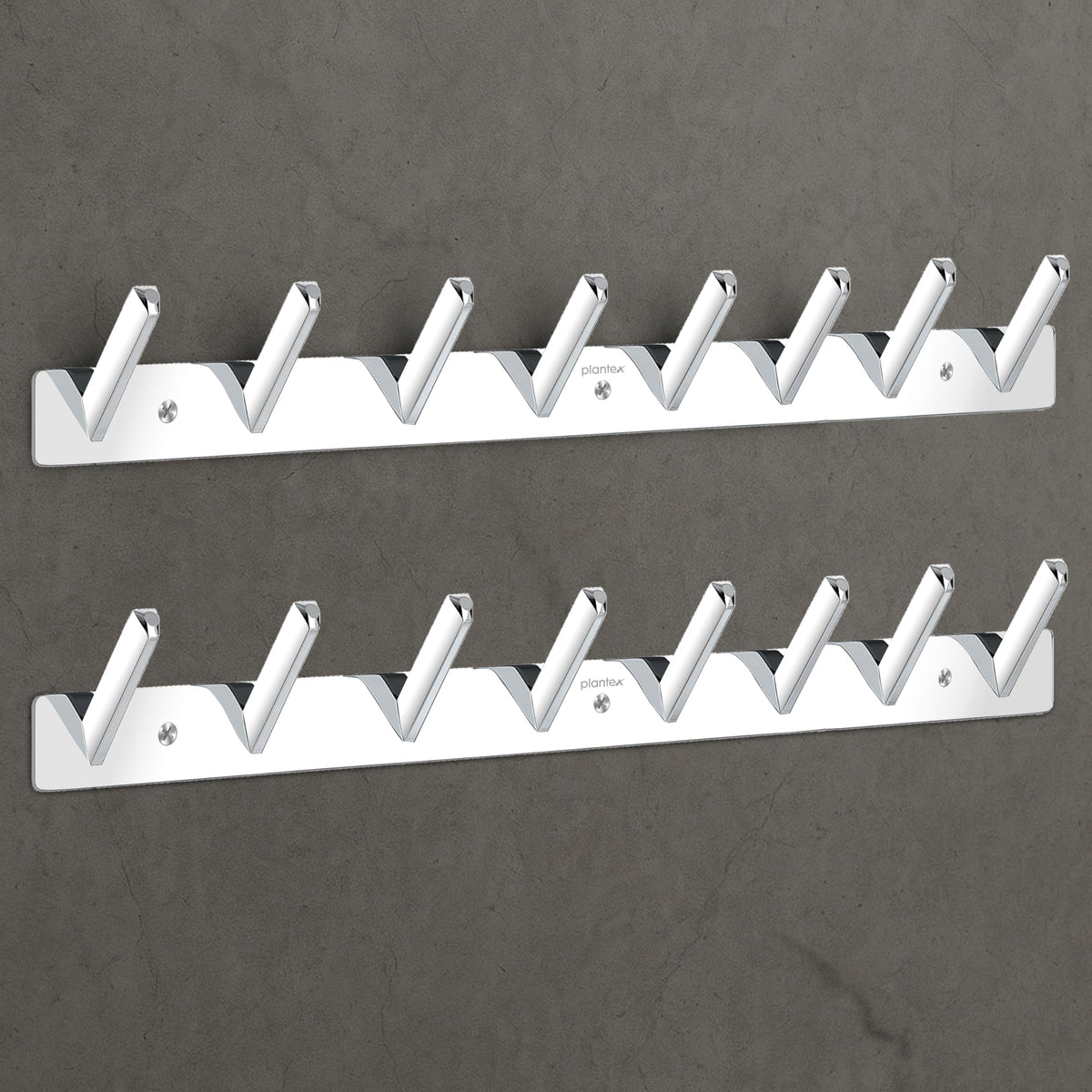 Plantex Wall Hooks for Hanging Cloth/Stainless Steel Towel Hangers/Bathroom Robe Hooks/Door Hangers/Square Wall Hook/Hook Rail for Hanging Keys - 8 Hooks (Pack of 2, Chrome)